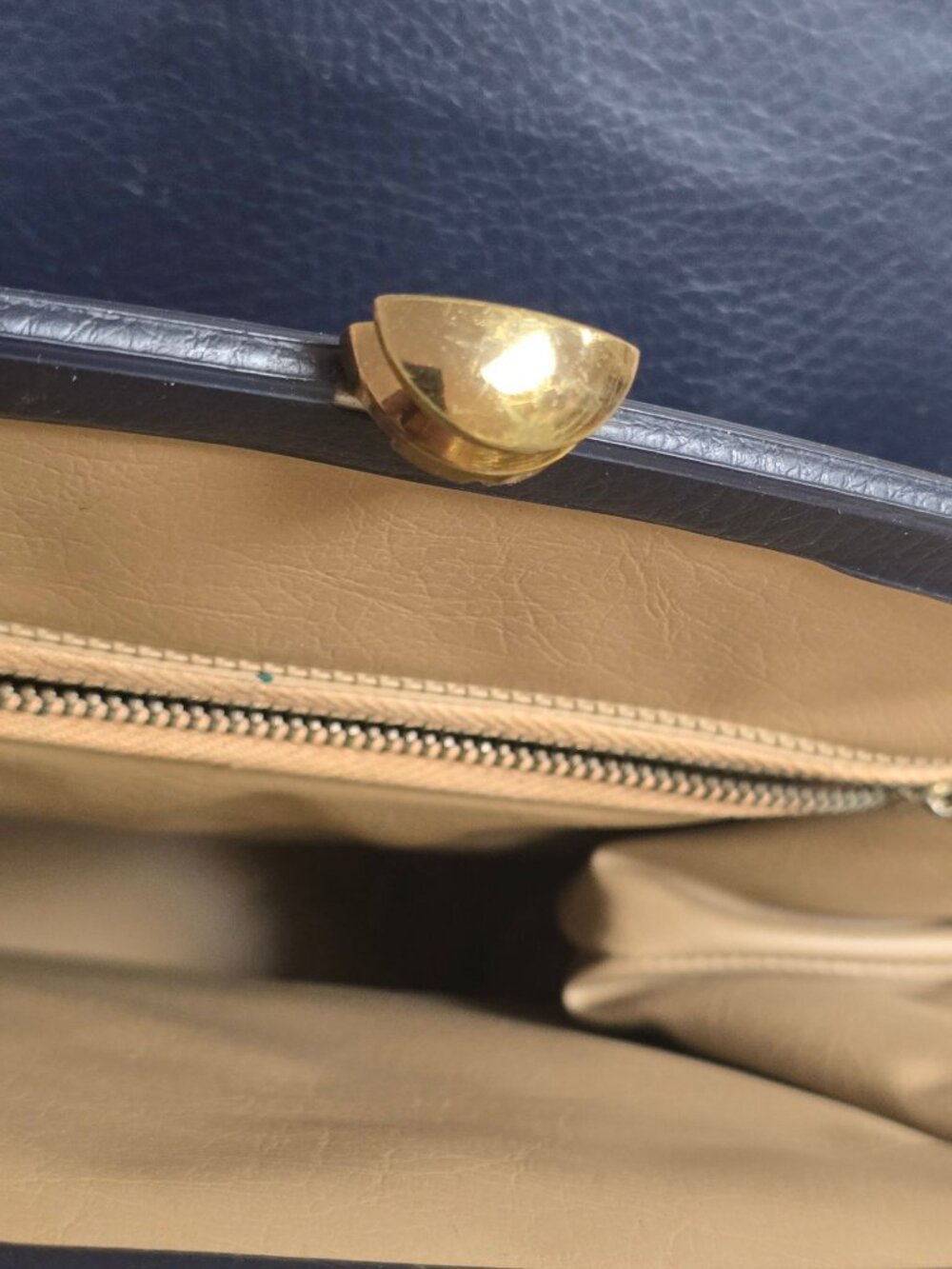 Vintage Navy Blue Leather Handbag Gold Hardware Top Handles & Beige Interior - Picture 14 of 16